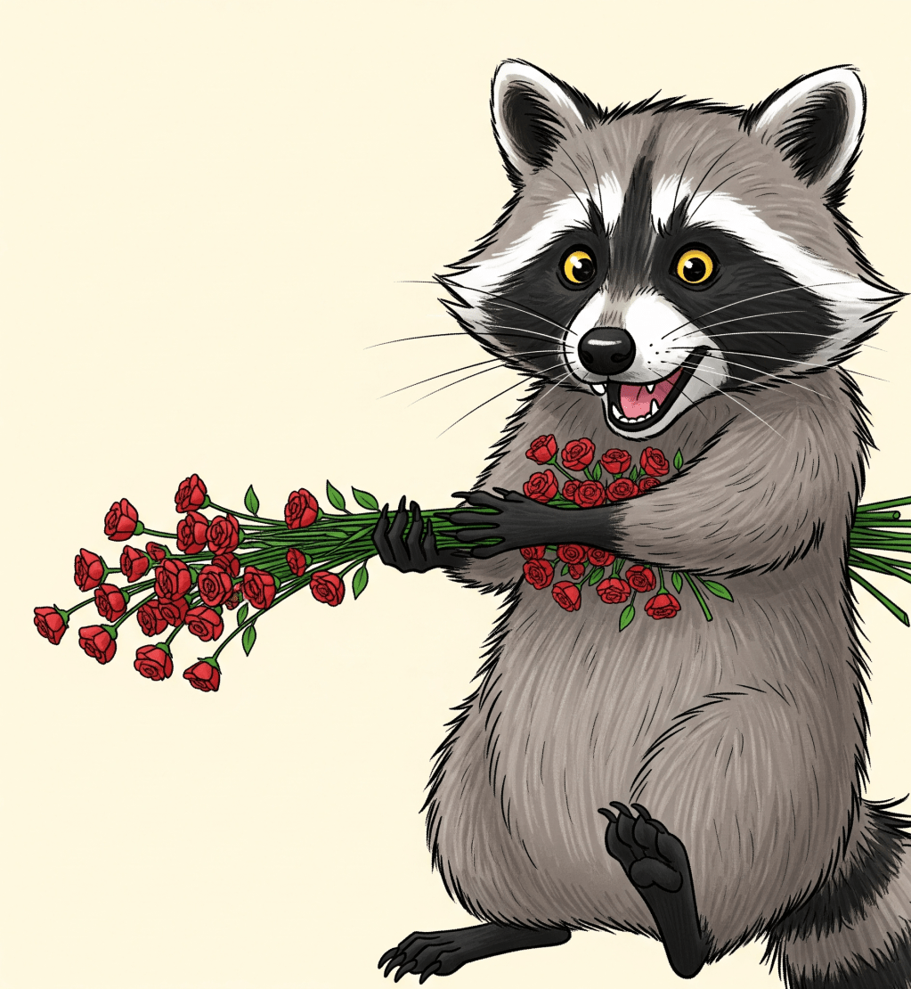An image of Conrad the Raccoon carrying a bunch of roses